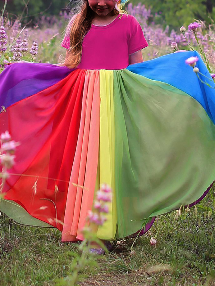 

Lovely Girl Sweet Rainbow Stripe Flounce Design Rose Red Floor Length Dress