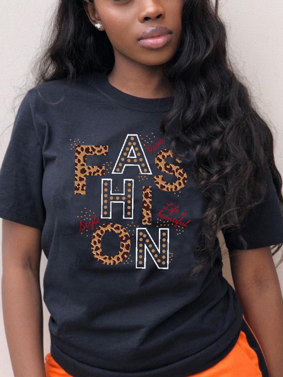 

Lovely Casual O Neck Leopard Letter Print Black T-shirt