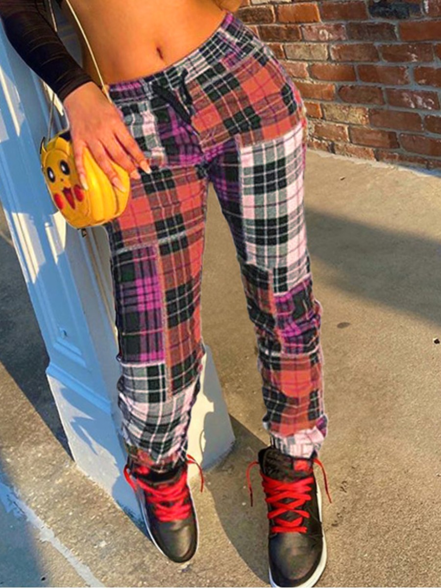 

LW COTTON Street Plaid Print Patchwork Purple Pants