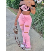LW Off The Shoulder Lip Print Ripped Pants Set
