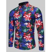 Lovely Men Trendy Floral Print Patchwork Blue Shir
