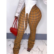 Lovely Chic Plaid Print Fold Design Yellow Pants