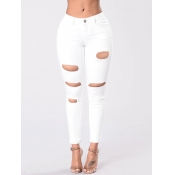 Lovely Casual Mid Waist Broken HolesWhite Jeans