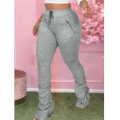 Lovely Casual Mid Waist Drawstring Design Grey Pan