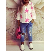 Lovely Girl Casual Star Print Broken Holes White T