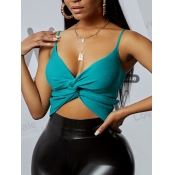 Lovely Casual Rib-Knit Cross-over Green Camisole