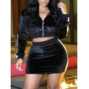 Lovely Sweet Striped Zipper Design Black Two Piece