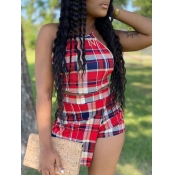 LW Sweet Plaid Print Asymmetrical Red Two Piece Sh