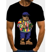 LW Men Casual O Neck Cartoon Print Black T-shirt