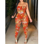 Lovely Chic Spaghetti Strap Graffiti Print Orange 