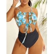 LW Chic Bandage Hollow-out Design Print Blue One-p