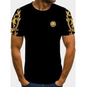 LW Men Casual O Neck Lion Print Black T-shirt