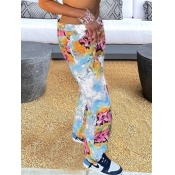 LW Street Mid Waist Graffiti Print White Pants