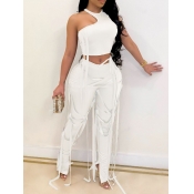 Lovely Chic Tassel Design Asymmetrical White Two P