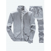 Lovely Men Casual Mandarin Collar Drawstring Grey 