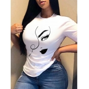 Lovely Chic O Neck Face Print White T-shirt