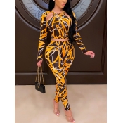 Lovely Sexy Print Patchwork Yellow Two Piece Pants
