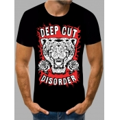 LW Men Casual O Neck Animal Letter Print Black T-s