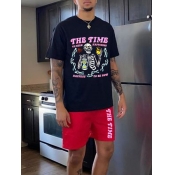 LW Men Casual O Neck Letter Print Black Two Piece 