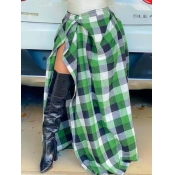 LW Casual Plaid Print Split Green Ankle Length Ski