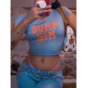 Lovely Casual O Neck Letter Print Blue T-shirt