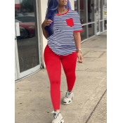 LW COTTON Plus Size Casual Striped Patchwork Red T