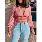 LW Sweet V Neck Bandage Fold Design Pink Blouse