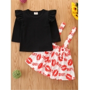 Lovely Girl Sweet Flounce Design Lip Print Black T