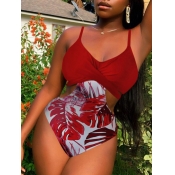 LW Casual Floral Print Patchwork Hollow-out Red On
