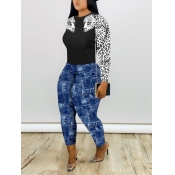 Lovely Stylish O Neck Leopard Print Patchwork Blac