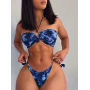 Lovely Sexy Tie-dye Lace-up Blue Two-piece Swimsui