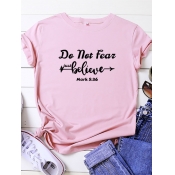 Lovely Casual O Neck Letter Print Pink Plus Size T