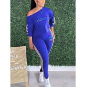Lovely Casual Letter Print Patchwork Blue Two Piec