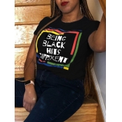 Lovely Plus Size Casual O Neck Letter Print Black 