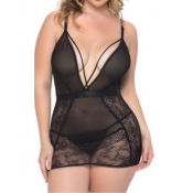 Lovely Sexy Deep V Neck See-through Black Babydoll