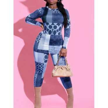 

LW Casual O Neck Geometric Print Patchwork Blue Two Piece Pants Set