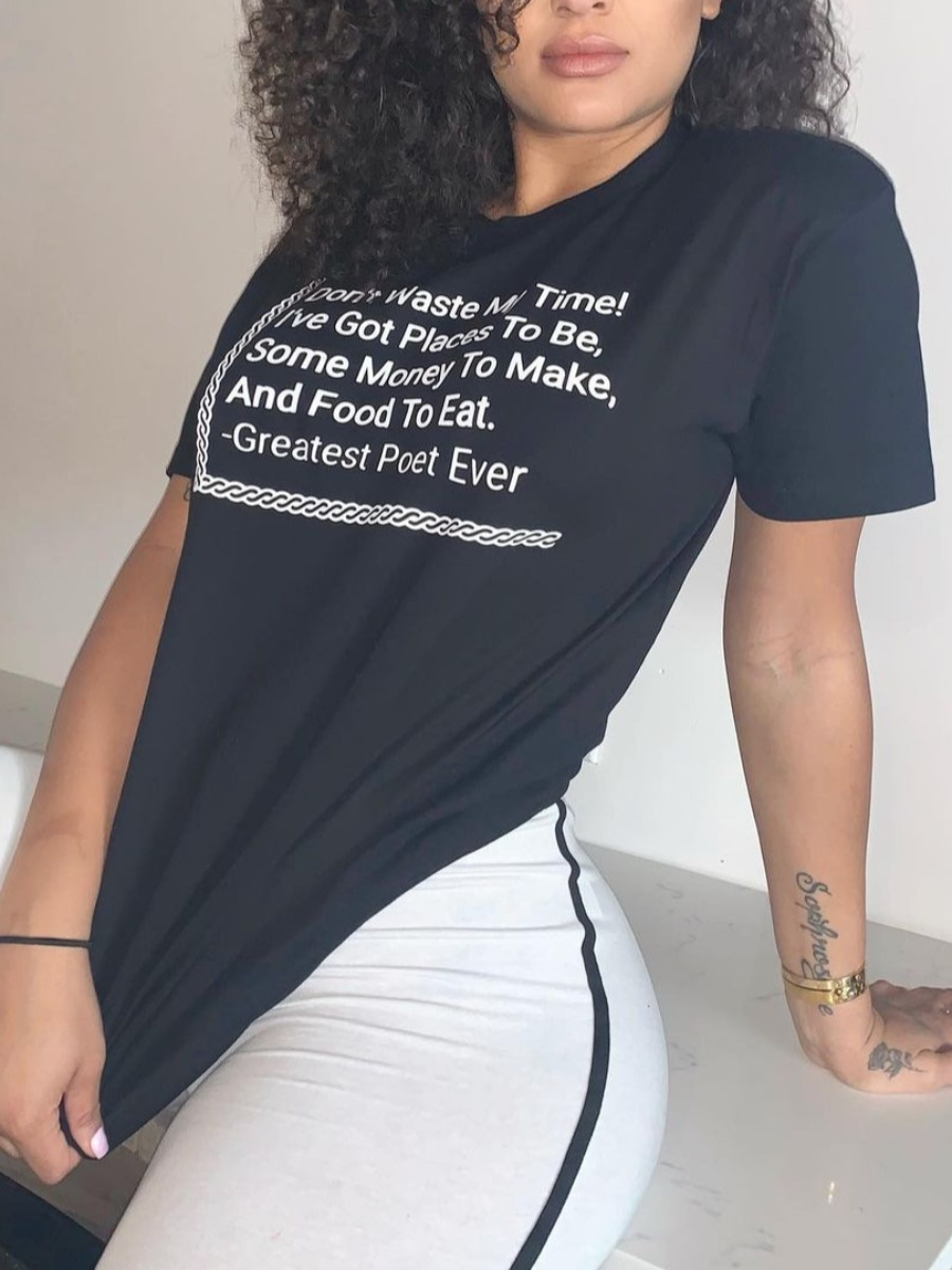 

Lovely Casual O Neck Letter Print Black T-shirt