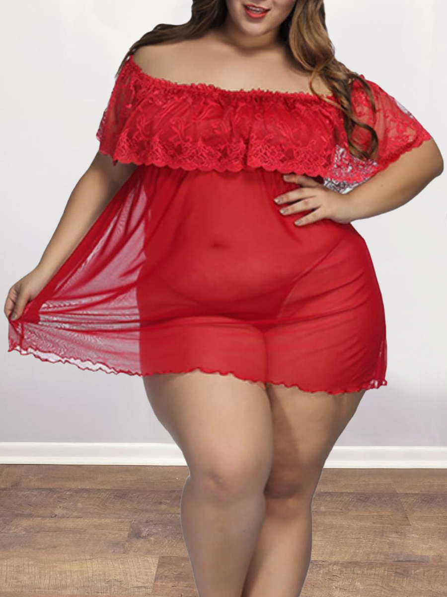 

Lovely Sexy Flap Over See-through Red Plus Size Babydoll