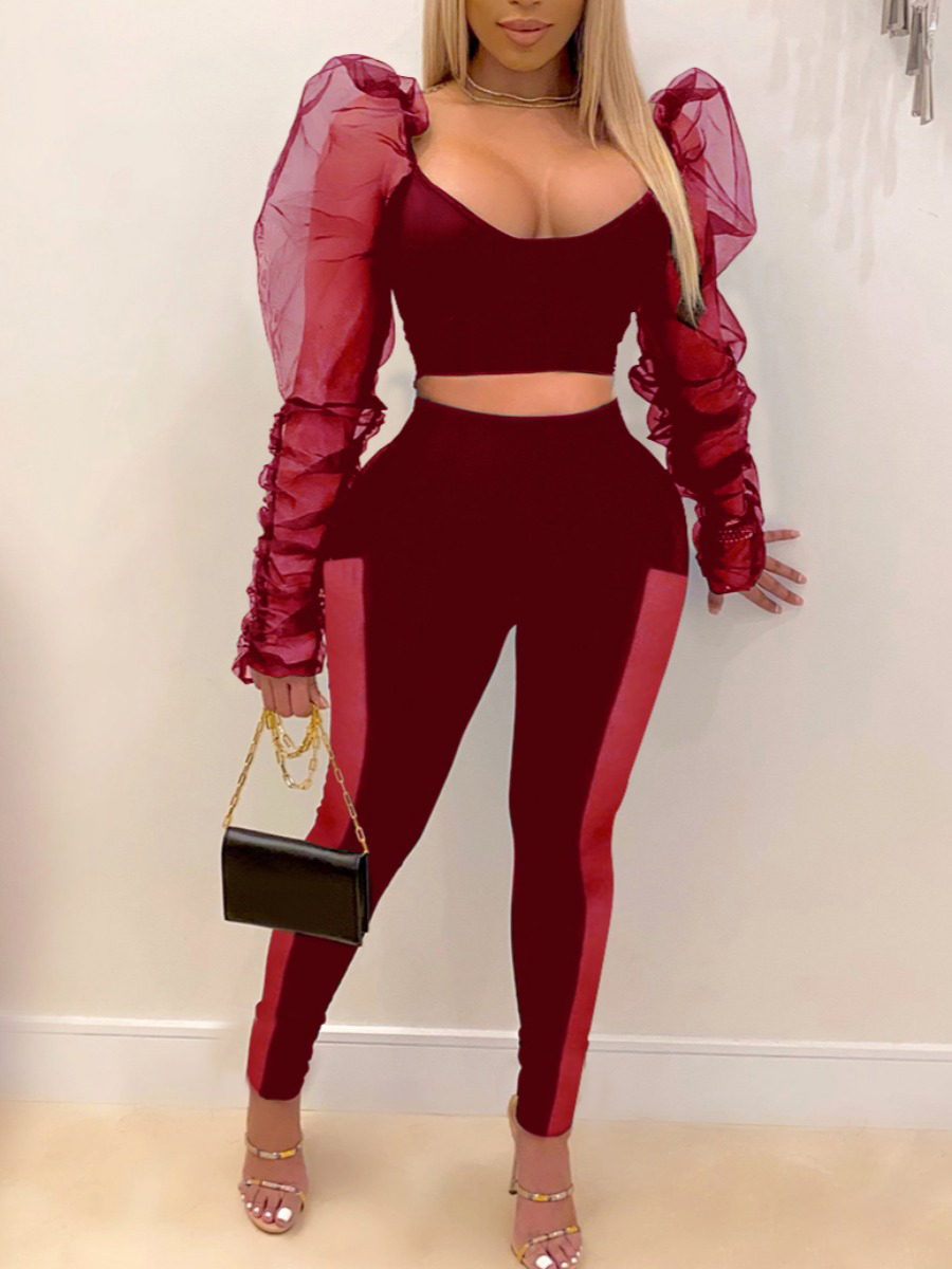 

LW Sweet See-through Ruffle Design Wine Red Two Piece Pants Set