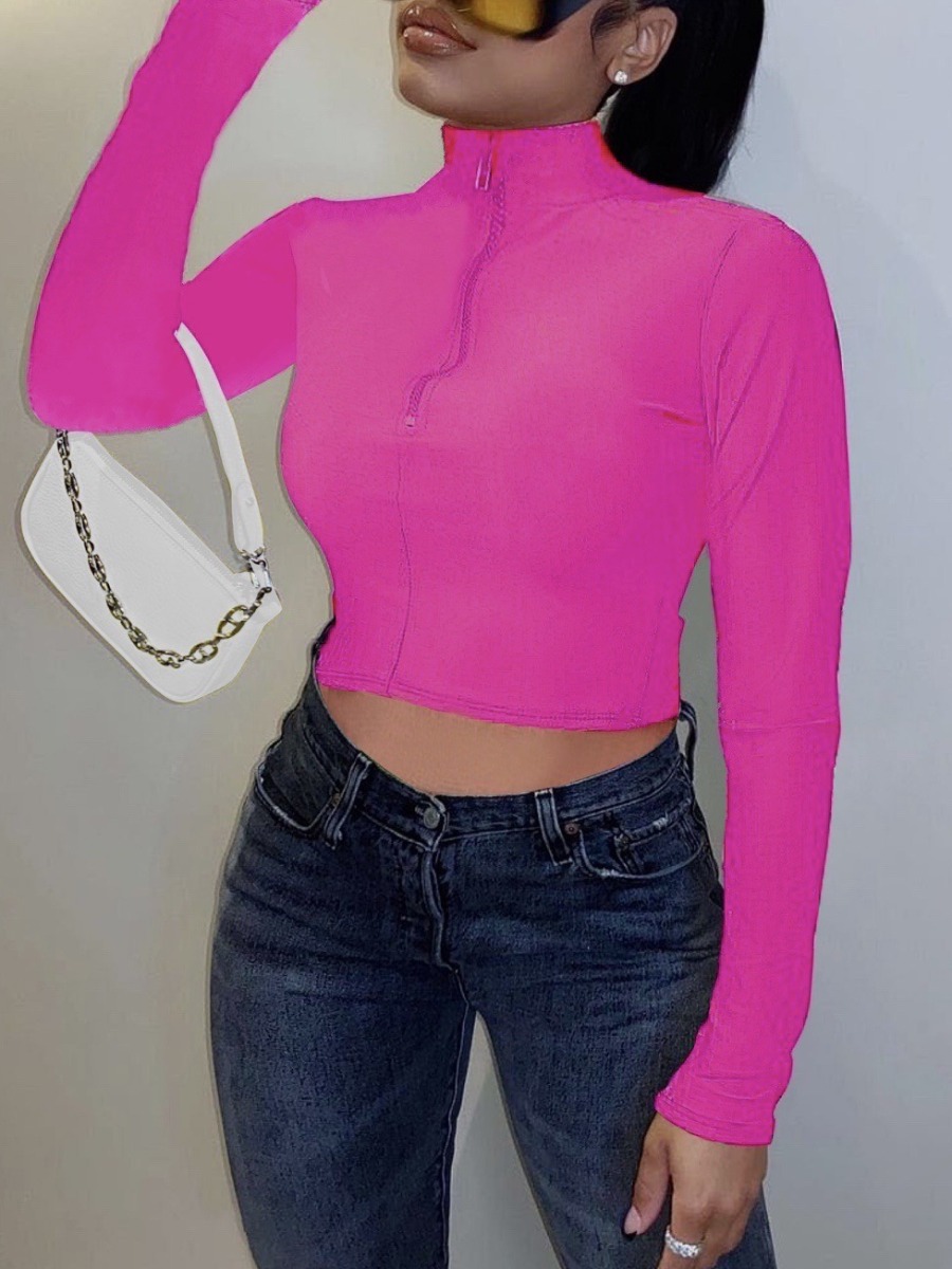 

Lovely Polyester Casual Solid Regular sleeve Basic Regular Long Sleeve Turtleneck Solid Color Tshirt, Rose red