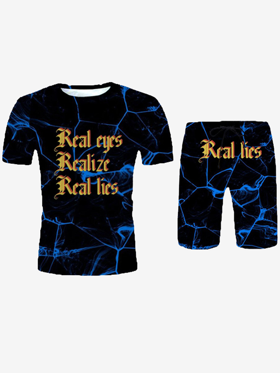 

Lovely Street Letter Print Drawstring Blue Men Two Piece Shorts Set