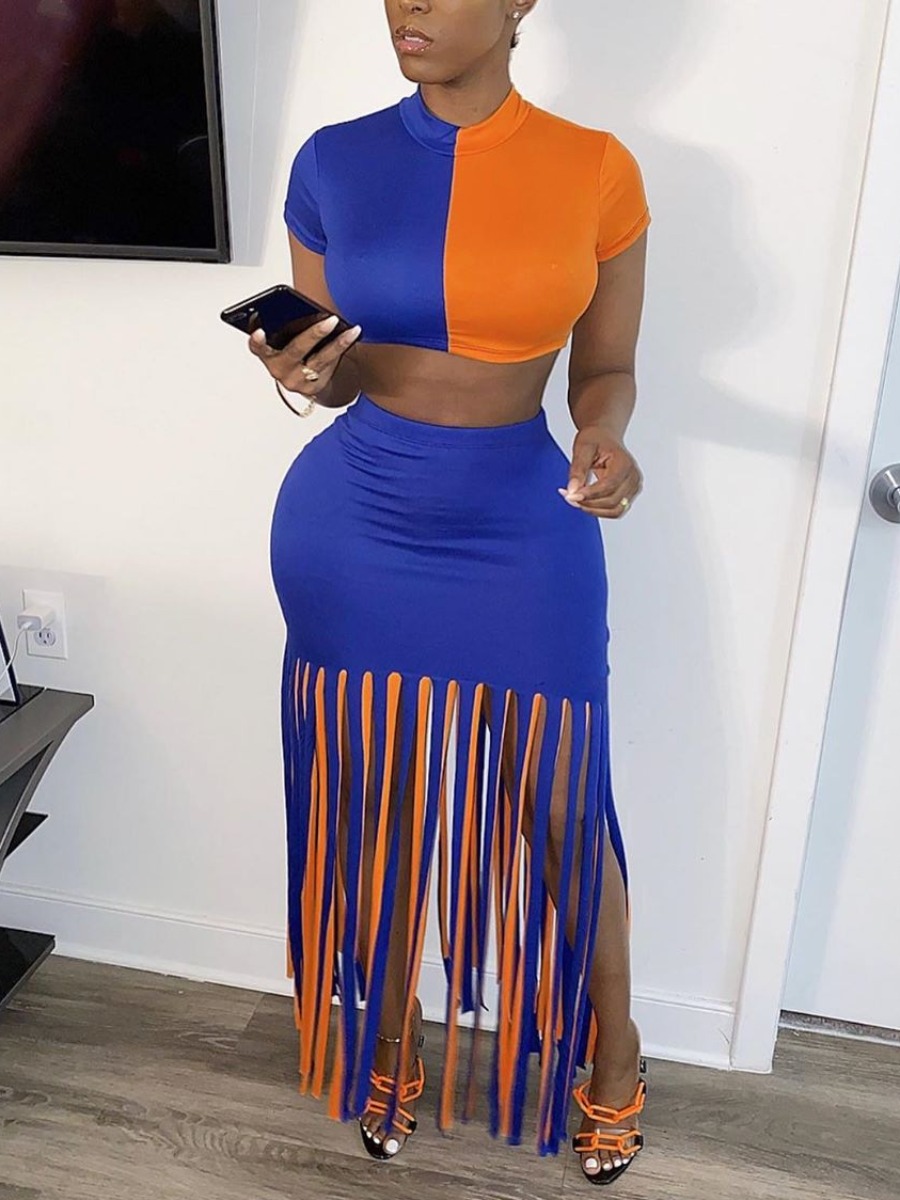 

Lovely Street Color-lump Tassel Design Blue Two Piece Skirt Set