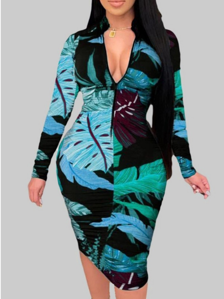 

LW Plus Size Casual Leaf Print Zipper Design Blue Knee Length Dress