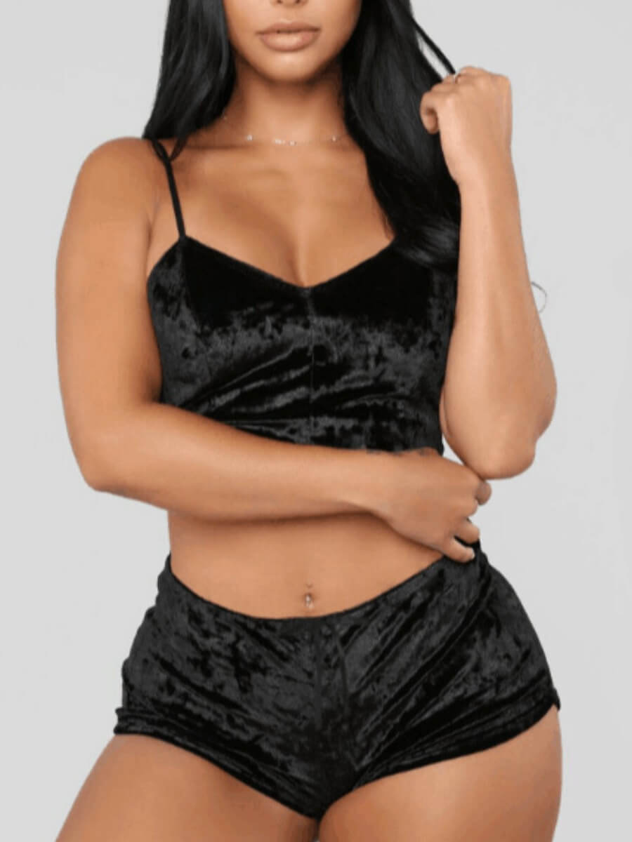 

Lovely Sweet V Neck Basic Skinny Black Bra Set