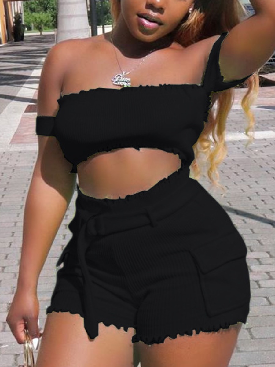 

LW Street Off The Shoulder Rib-Knit Scalloped Black Two Piece Shorts Set