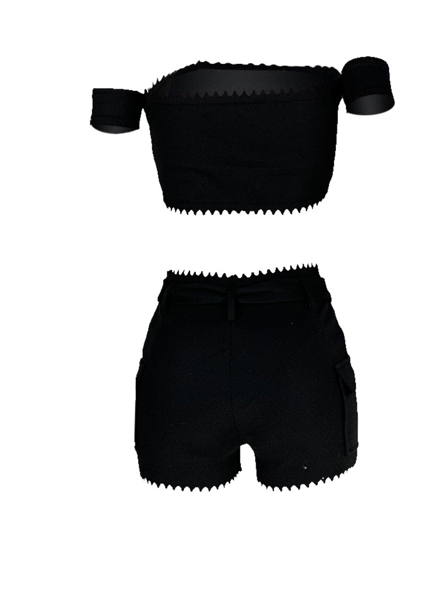 LW Street Off The Shoulder Rib-Knit Scalloped Black Two Piece Shorts Set