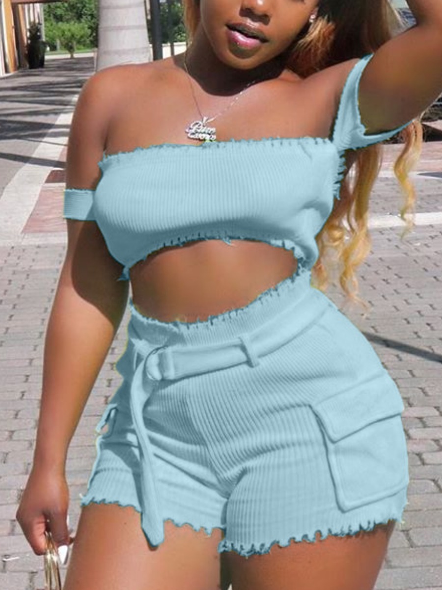

LW Street Off The Shoulder Rib-Knit Scalloped Blue Two Piece Shorts Set