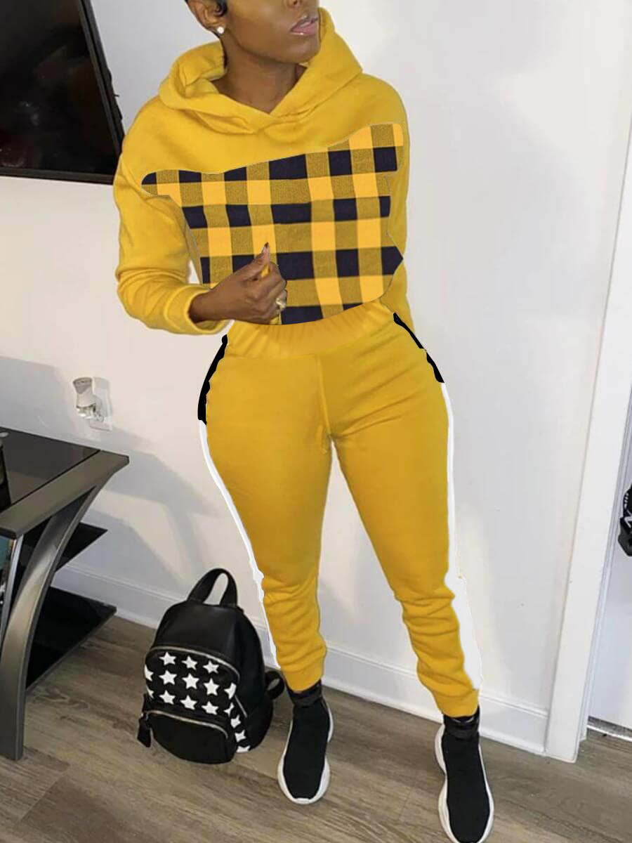 

Lovely Sportswear Hooded Collar Plaid Print Striped Yellow Two Piece Pants Set