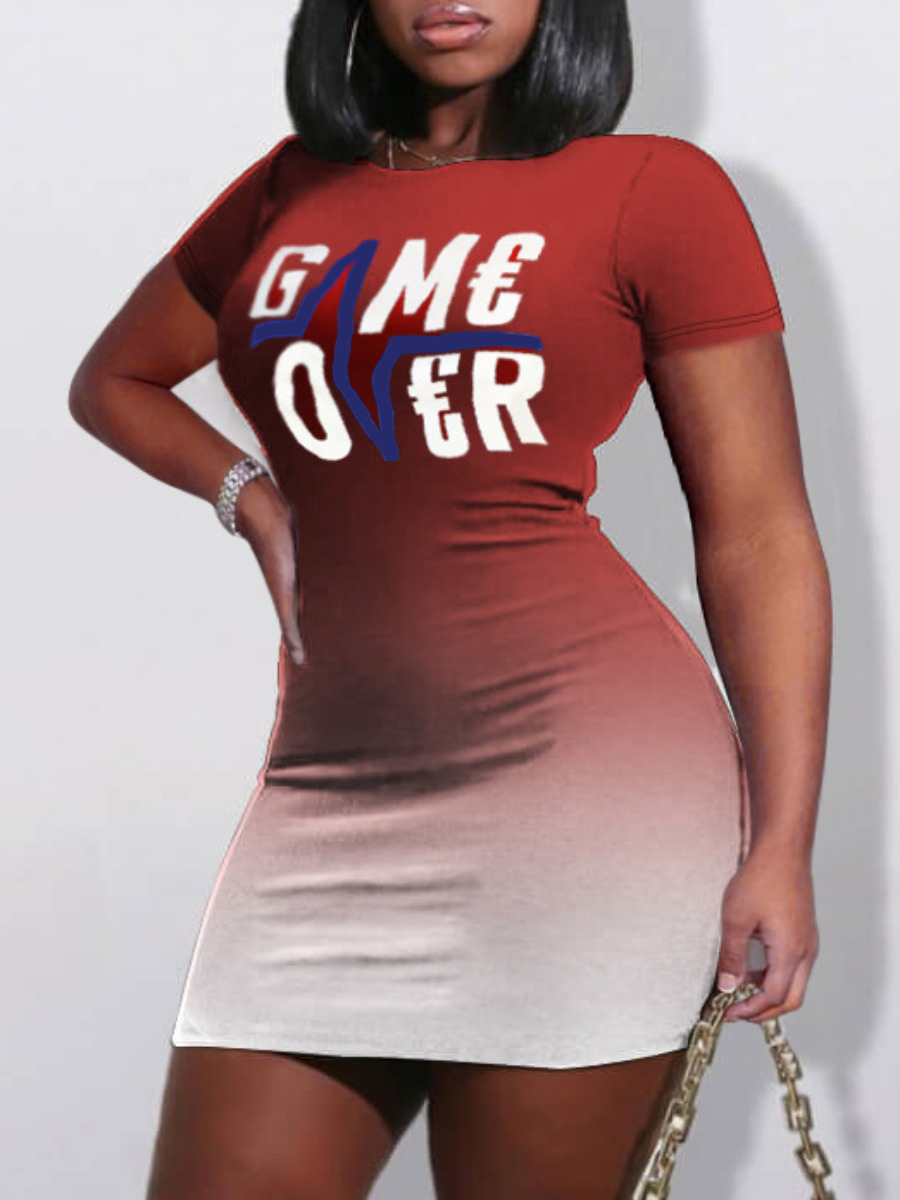 

Lovely Street O Neck Letter Print Gradient Red Mini Dress