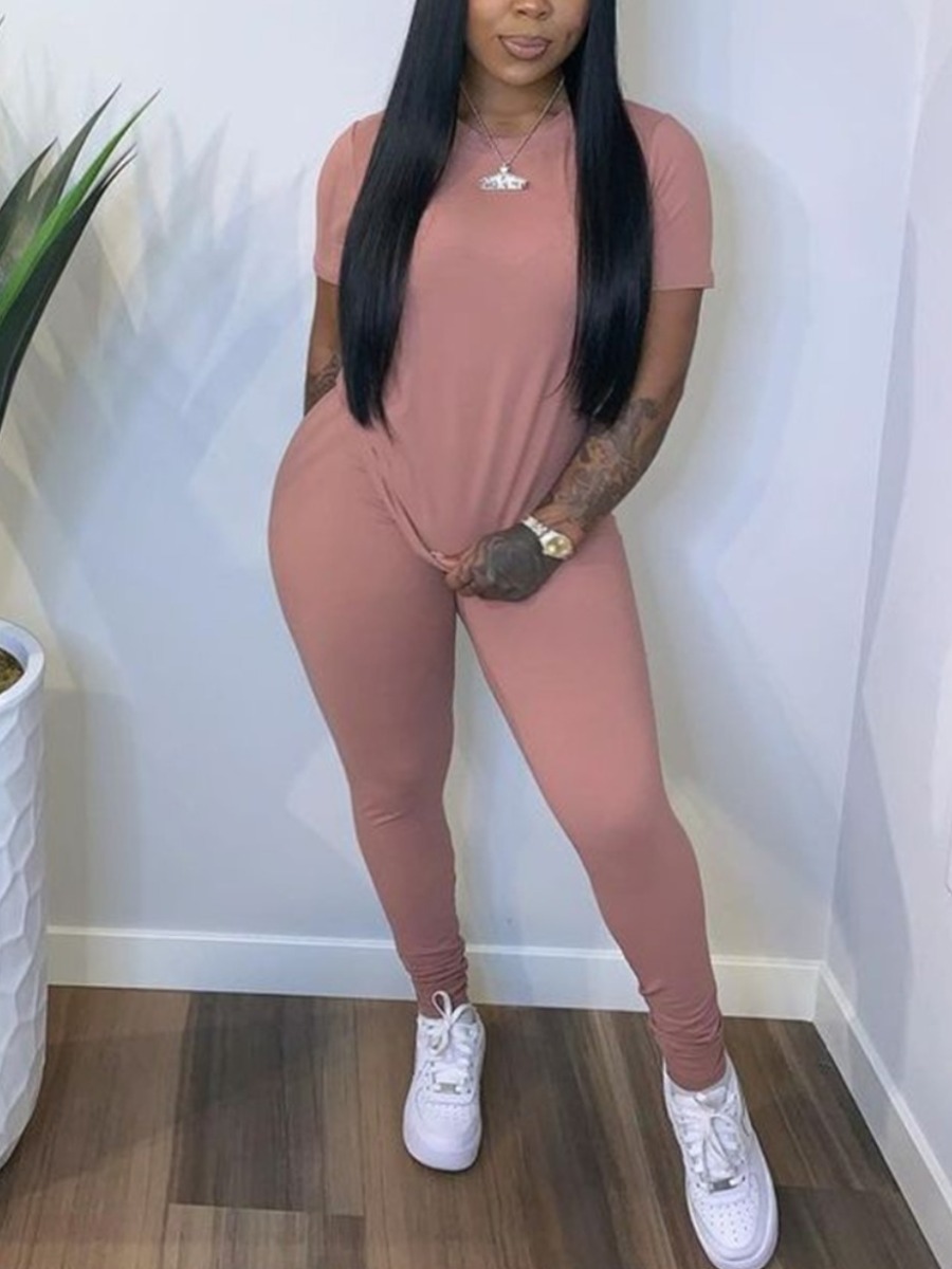 

Lovely Plus Size Trendy O Neck Elastic Pink Two-piece Pants Set